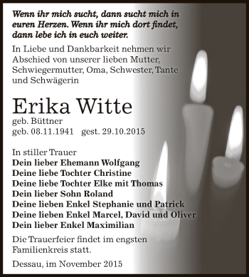 Traueranzeige von Erika Witte von WVG - Wochenspiegel Dessau / Köthen