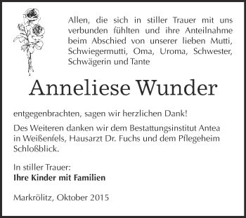 Traueranzeige von Anneliese Wunder von WVG - Wochenspiegel NMB / WSF / ZTZ