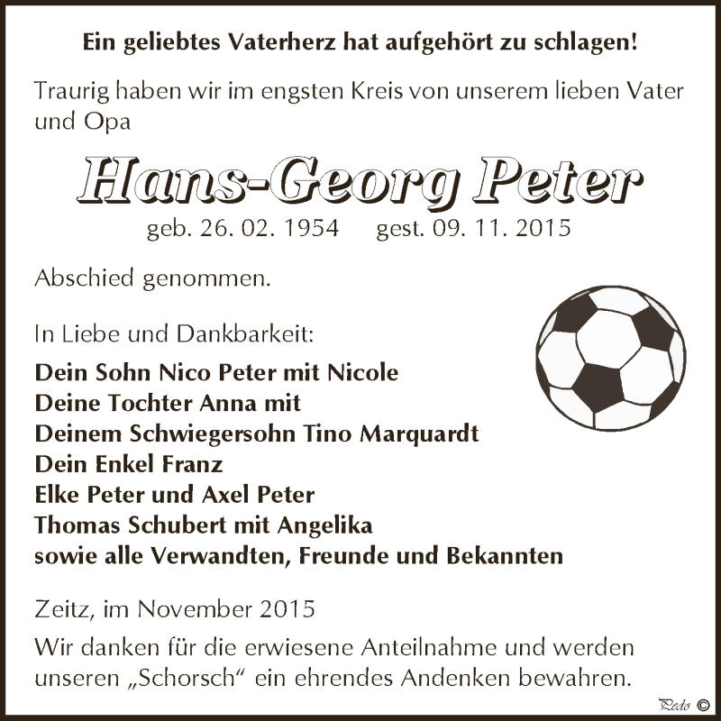  Traueranzeige für Hans-Georg Peter vom 28.11.2015 aus Super Sonntag Zeitz