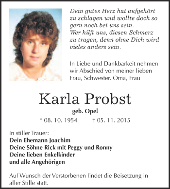 Traueranzeige von Karla Probst von WVG - Wochenspiegel NMB / WSF / ZTZ