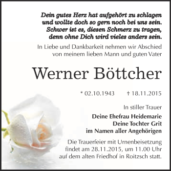 Traueranzeige von Werner Böttcher von WVG - Wochenspiegel Bitterfeld