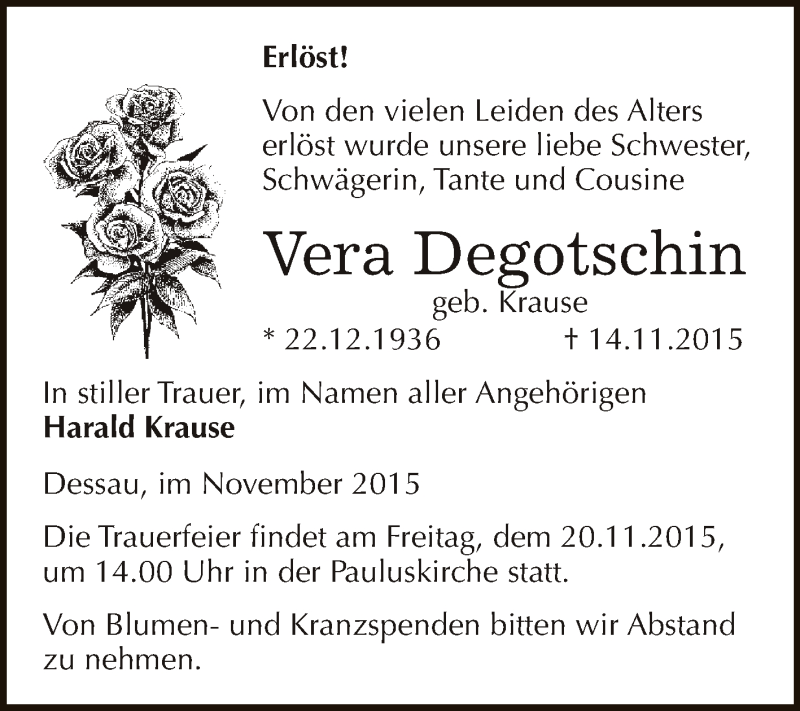  Traueranzeige für Vera Degotschin vom 18.11.2015 aus WVG - Wochenspiegel Dessau / Köthen