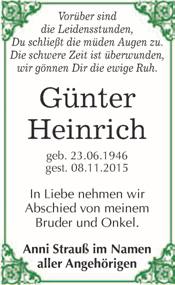 Traueranzeige von Günter Heinrich von WVG - Wochenspiegel Merseburg