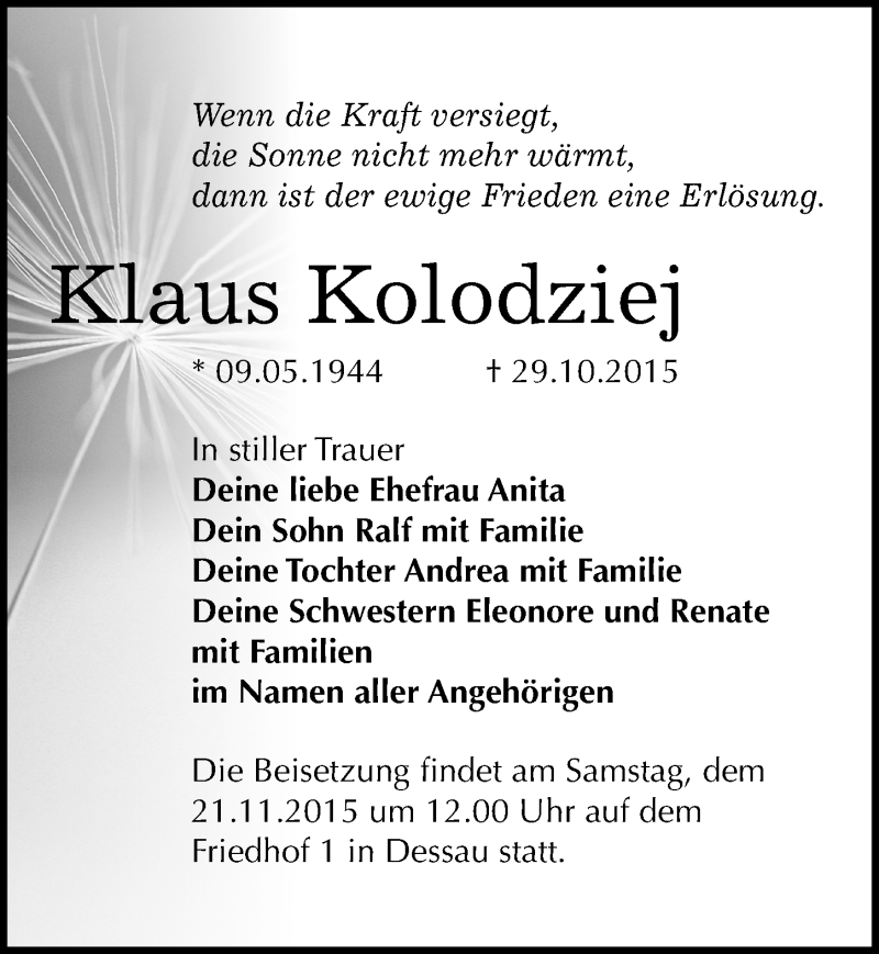  Traueranzeige für Klaus Kolodziej vom 04.11.2015 aus Mitteldeutsche Zeitung Dessau-Roßlau