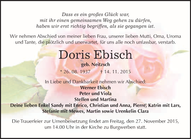  Traueranzeige für Doris Ebisch vom 25.11.2015 aus WVG - Wochenspiegel NMB / WSF / ZTZ