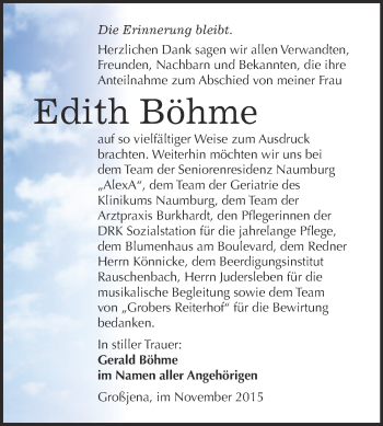 Traueranzeige von Edith Böhme von WVG - Wochenspiegel NMB / WSF / ZTZ