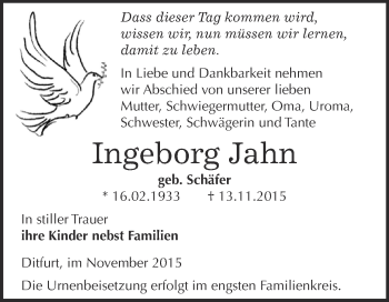 Traueranzeige von Ingeborg Jahn von WVG - Wochenspiegel Quedlinburg
