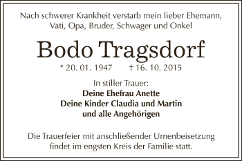 Traueranzeige von Bodo Tragsdorf von WVG - Wochenspiegel Dessau / Köthen