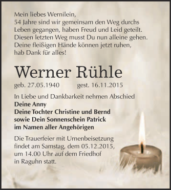 Traueranzeige von Werner Rühle von WVG - Wochenspiegel Bitterfeld