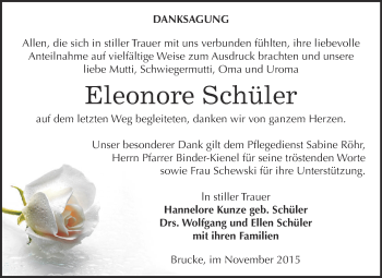 Traueranzeige von Eleonore Schüler von Super Sonntag Bernburg