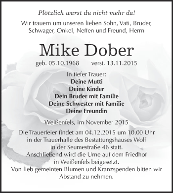 Traueranzeige von Mike Dober von WVG - Wochenspiegel NMB / WSF / ZTZ