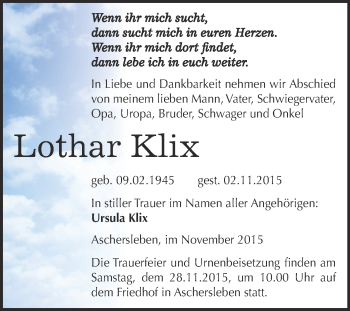Traueranzeige von Lothar Klix von Super Sonntag Aschersleben