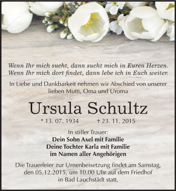 Traueranzeige von Ursula Schultz von Mitteldeutsche Zeitung Halle/Saalkreis