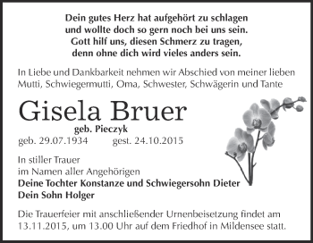 Traueranzeige von Gisela Bruer von WVG - Wochenspiegel Dessau / Köthen