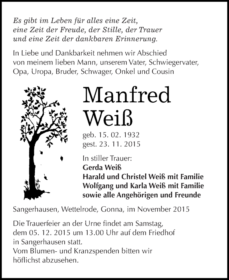  Traueranzeige für Manfred Weiß vom 28.11.2015 aus Super Sonntag SGH Mansf. Land