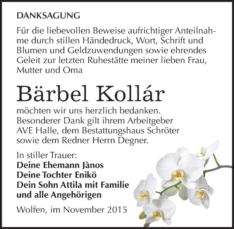  Traueranzeige für Bärbel Kollar vom 07.11.2015 aus Mitteldeutsche Zeitung Bitterfeld