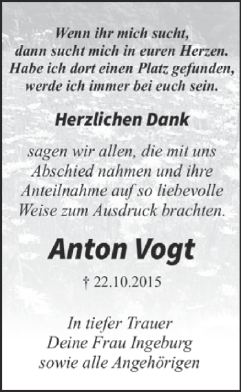 Traueranzeige von Anton Vogt von WVG - Wochenspiegel Dessau / Köthen