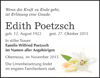 Traueranzeige von Edith Poetzsch von WVG - Wochenspiegel NMB / WSF / ZTZ