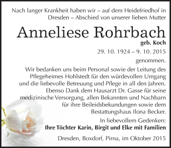 Traueranzeige von Anneliese Rohrbach von Mitteldeutsche Zeitung Sangerhausen