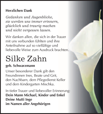 Traueranzeige von Silke Zahn von WVG - Wochenspiegel NMB / WSF / ZTZ