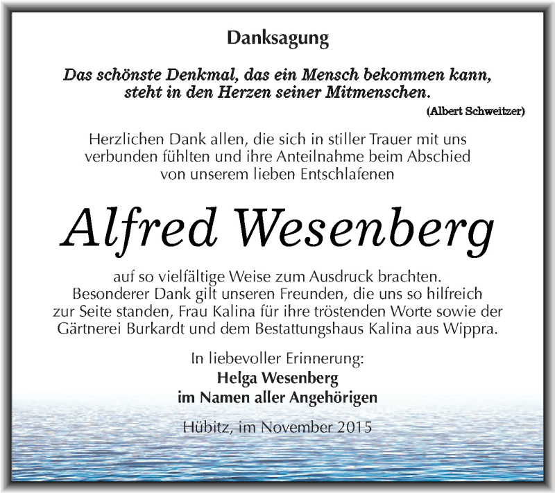  Traueranzeige für Alfred Wesenberg vom 25.11.2015 aus Wochenspiegel Mansfelder Land