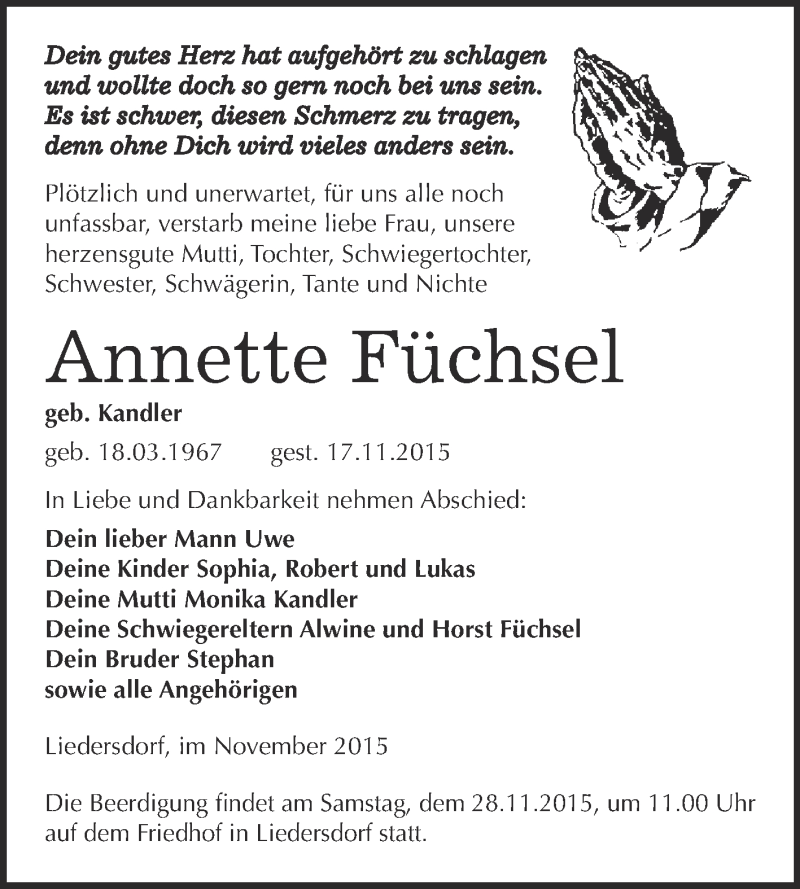  Traueranzeige für Annette Füchsel vom 21.11.2015 aus Super Sonntag SGH Mansf. Land