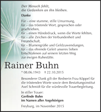 Traueranzeige von Rainer Buhn von WVG - Wochenspiegel NMB / WSF / ZTZ