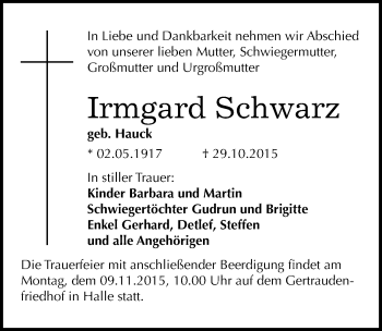 Traueranzeige von Irmgard Schwarz von Mitteldeutsche Zeitung Halle/Saalkreis