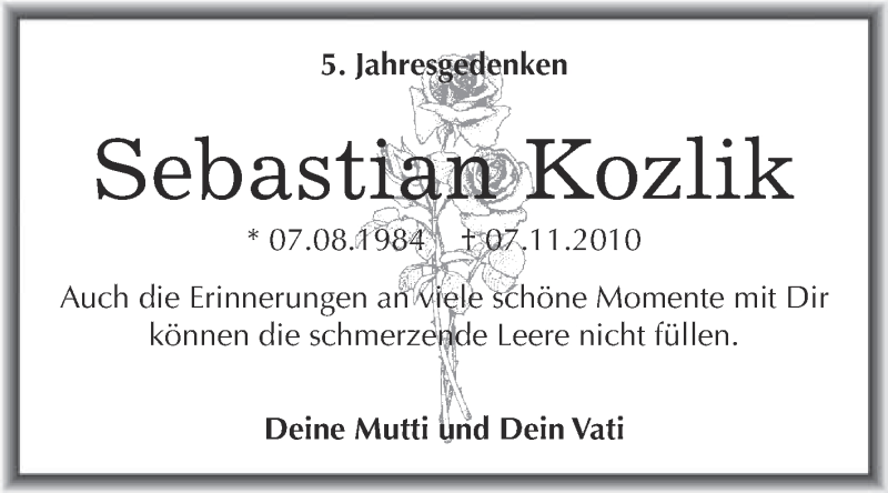  Traueranzeige für Sebastian Kozlik vom 07.11.2015 aus Super Sonntag Wittenberg