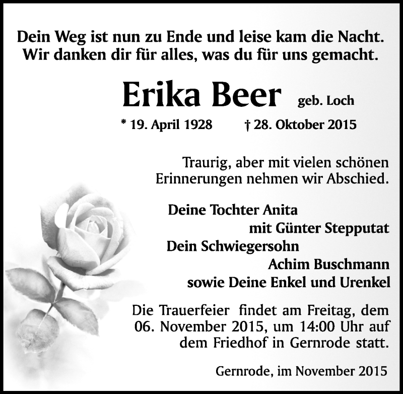  Traueranzeige für Erika Beer vom 03.11.2015 aus Mitteldeutsche Zeitung Quedlinburg