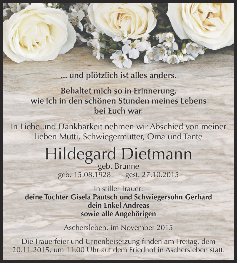  Traueranzeige für Hildegard Dietmann vom 07.11.2015 aus Super Sonntag Aschersleben