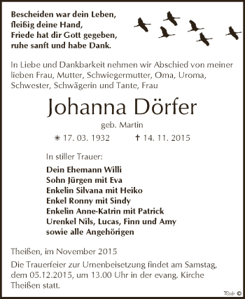 Traueranzeige von Johanna Dörfer von Super Sonntag Zeitz