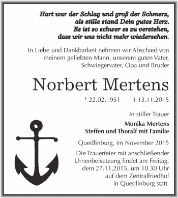 Traueranzeige von Norbert Mertens von Super Sonntag Quedlinburg
