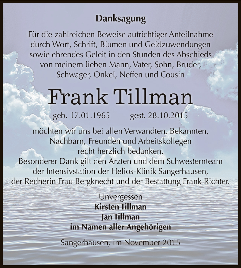  Traueranzeige für Frank Tillman vom 28.11.2015 aus Super Sonntag SGH Mansf. Land