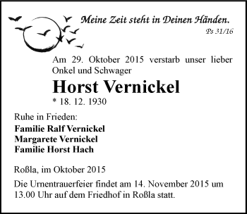 Traueranzeige von Horst Vernickel von Mitteldeutsche Zeitung Sangerhausen