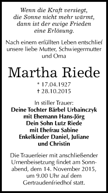 Traueranzeige von Martha Riede von Mitteldeutsche Zeitung Halle/Saalkreis