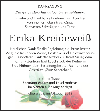 Traueranzeige von Erika Kreideweiß von WVG - Wochenspiegel Merseburg