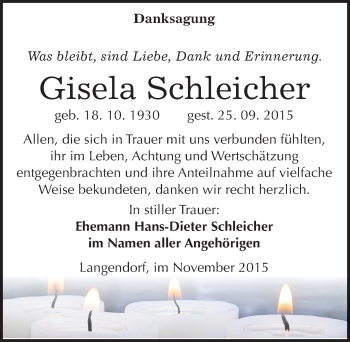 Traueranzeige von Gisela Schleicher von Mitteldeutsche Zeitung Weißenfels