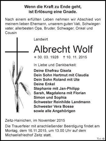Traueranzeige von Albrecht Wolf von Super Sonntag Zeitz