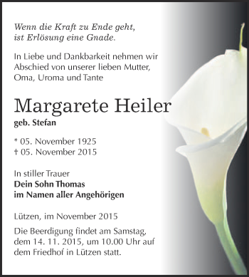 Traueranzeige von Margarete Heiler von Super Sonntag Merseburg