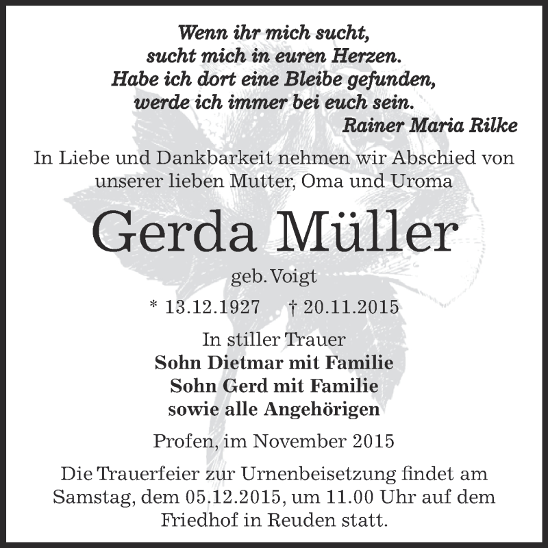  Traueranzeige für Gerda Müller vom 28.11.2015 aus Super Sonntag Zeitz