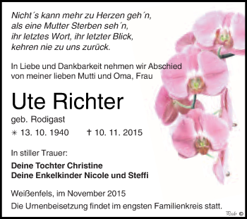Traueranzeige von Ute Richter von WVG - Wochenspiegel NMB / WSF / ZTZ