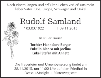 Traueranzeige von Rudolf Samland von WVG - Wochenspiegel Dessau / Köthen