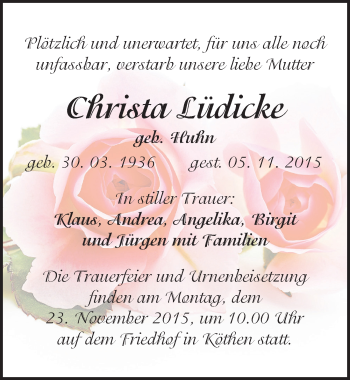 Traueranzeige von Christa Lüdicke von Mitteldeutsche Zeitung Köthen
