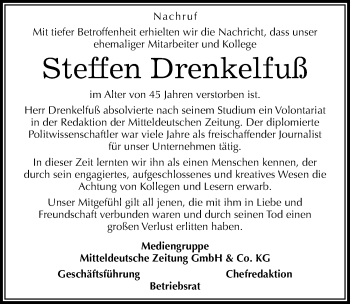 Traueranzeige von Steffen Drenkelfuß von Mitteldeutsche Zeitung