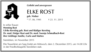Traueranzeige von Elke Rost von Mitteldeutsche Zeitung Mansfelder Land