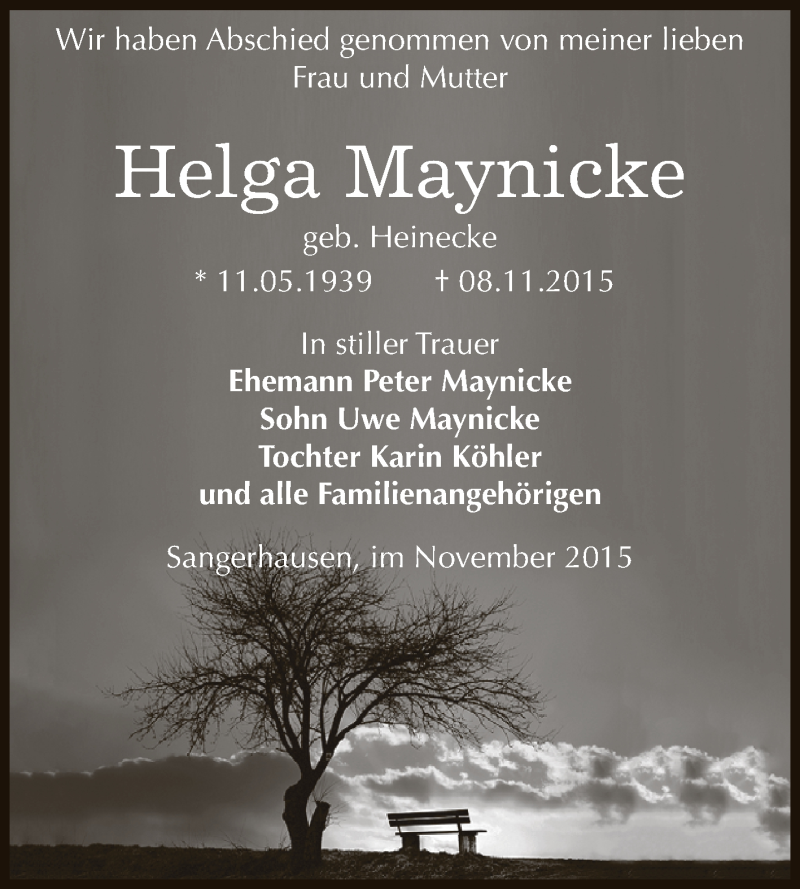  Traueranzeige für Helga Maynicke vom 21.11.2015 aus Super Sonntag SGH Mansf. Land