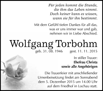 Traueranzeige von Wolfgang Torbohm von WVG - Wochenspiegel Merseburg