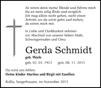 Traueranzeige von Gerda Schmidt von Mitteldeutsche Zeitung Sangerhausen