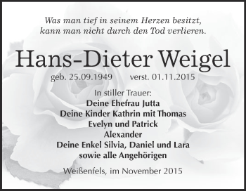 Traueranzeige von Hans-Dieter Weigel von WVG - Wochenspiegel NMB / WSF / ZTZ
